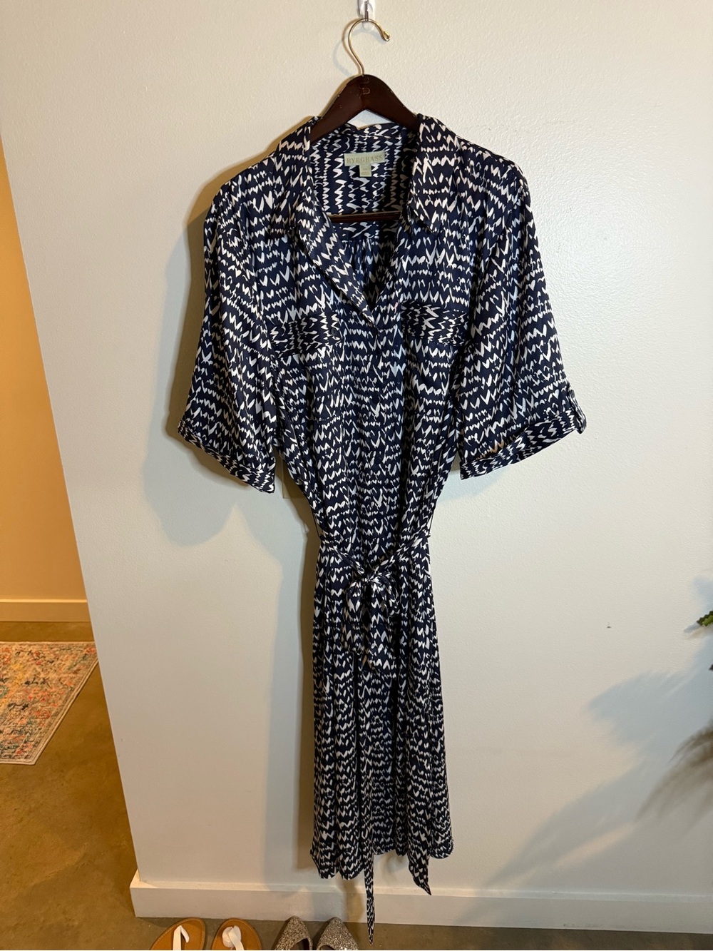 Navy and White Printed Midi Shirt Dress with Tie Waist